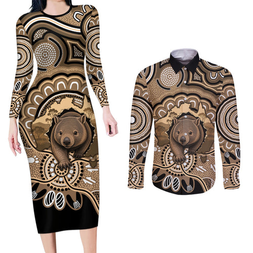 Personalised Australia Wombat Couples Matching Long Sleeve Bodycon Dress and Long Sleeve Button Shirt Aussie Map Indigenous Art