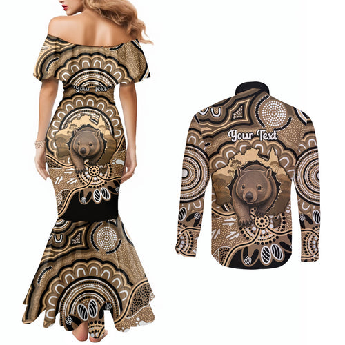 Personalised Australia Wombat Couples Matching Mermaid Dress and Long Sleeve Button Shirt Aussie Map Indigenous Art