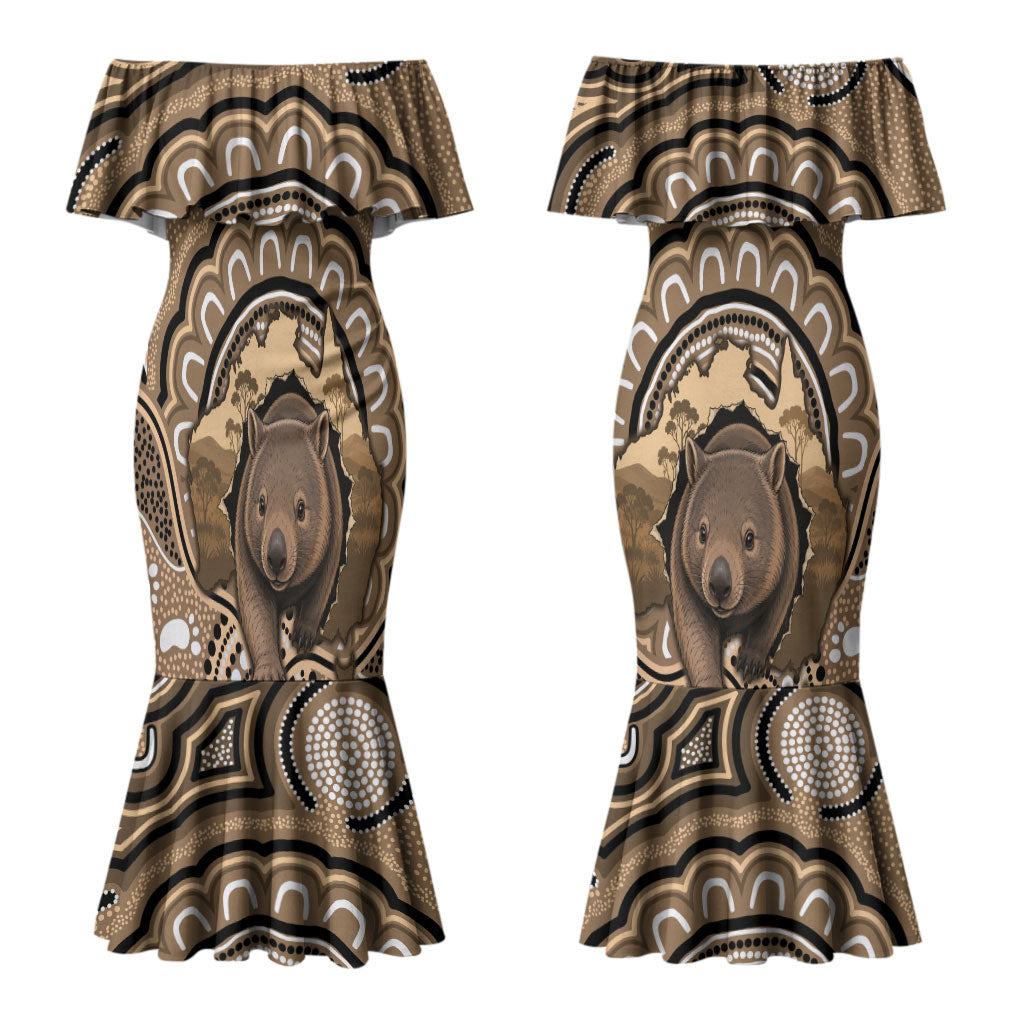 Personalised Australia Wombat Couples Matching Mermaid Dress and Long Sleeve Button Shirt Aussie Map Indigenous Art LT14