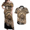 Personalised Australia Wombat Couples Matching Off Shoulder Maxi Dress and Hawaiian Shirt Aussie Map Indigenous Art