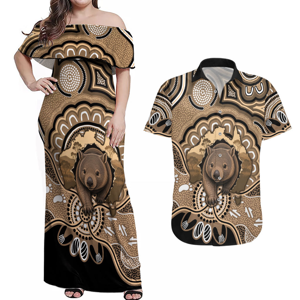 Personalised Australia Wombat Couples Matching Off Shoulder Maxi Dress and Hawaiian Shirt Aussie Map Indigenous Art