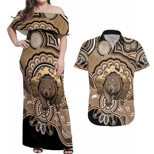 Personalised Australia Wombat Couples Matching Off Shoulder Maxi Dress and Hawaiian Shirt Aussie Map Indigenous Art
