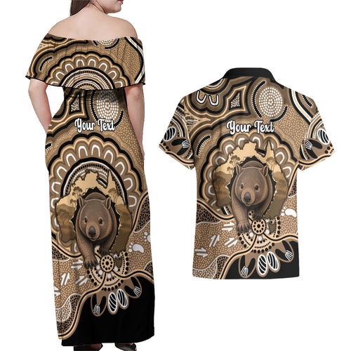 Personalised Australia Wombat Couples Matching Off Shoulder Maxi Dress and Hawaiian Shirt Aussie Map Indigenous Art