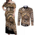 Personalised Australia Wombat Couples Matching Off Shoulder Maxi Dress and Long Sleeve Button Shirt Aussie Map Indigenous Art