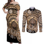 Personalised Australia Wombat Couples Matching Off Shoulder Maxi Dress and Long Sleeve Button Shirt Aussie Map Indigenous Art