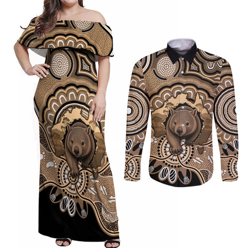 Personalised Australia Wombat Couples Matching Off Shoulder Maxi Dress and Long Sleeve Button Shirt Aussie Map Indigenous Art