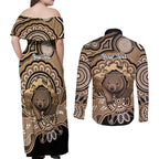 Personalised Australia Wombat Couples Matching Off Shoulder Maxi Dress and Long Sleeve Button Shirt Aussie Map Indigenous Art