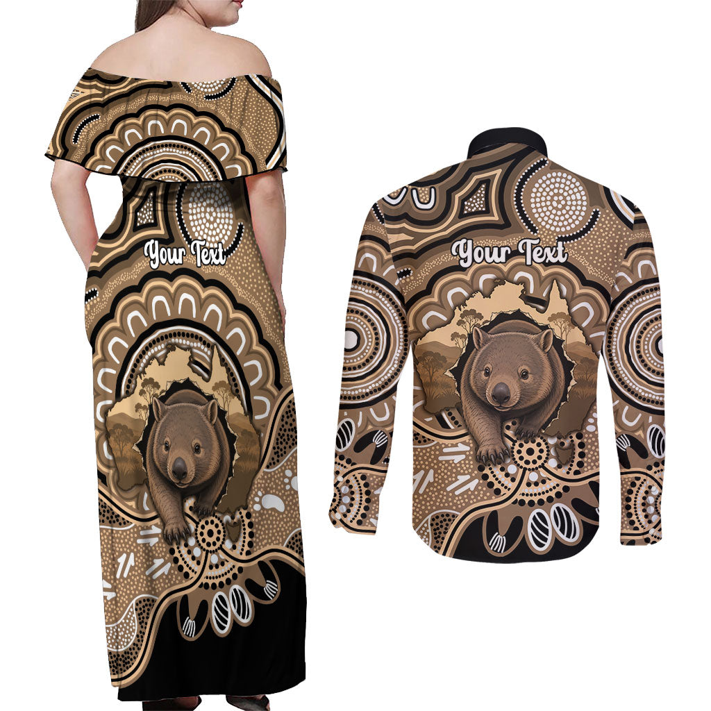 Personalised Australia Wombat Couples Matching Off Shoulder Maxi Dress and Long Sleeve Button Shirt Aussie Map Indigenous Art