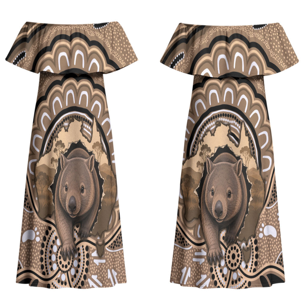 Personalised Australia Wombat Couples Matching Off Shoulder Maxi Dress and Long Sleeve Button Shirt Aussie Map Indigenous Art LT14