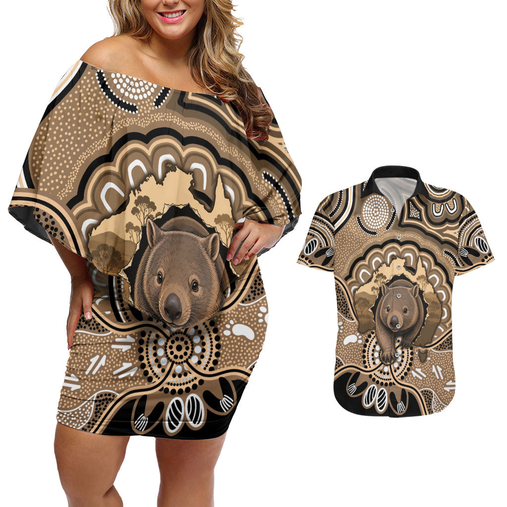 Personalised Australia Wombat Couples Matching Off Shoulder Short Dress and Hawaiian Shirt Aussie Map Indigenous Art