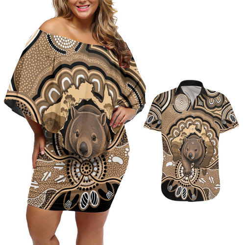 Personalised Australia Wombat Couples Matching Off Shoulder Short Dress and Hawaiian Shirt Aussie Map Indigenous Art