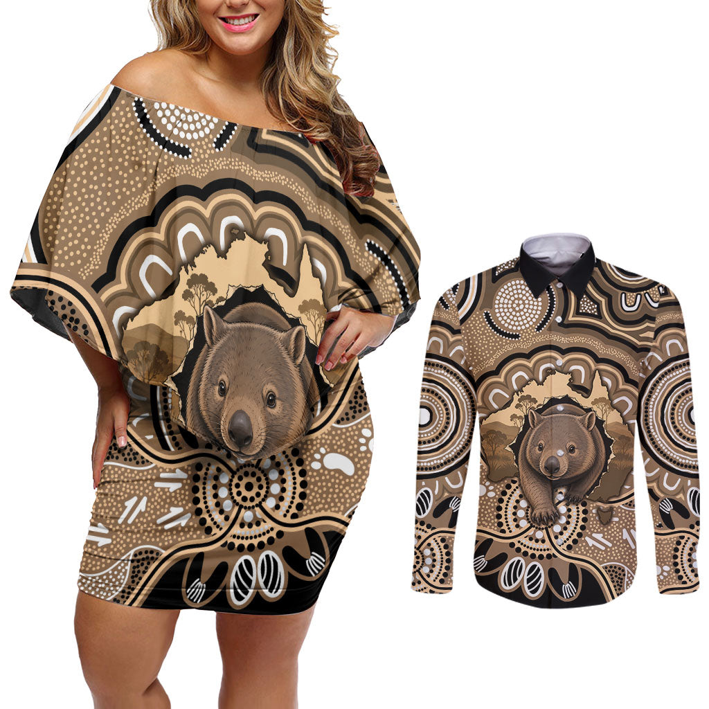 Personalised Australia Wombat Couples Matching Off Shoulder Short Dress and Long Sleeve Button Shirt Aussie Map Indigenous Art