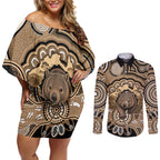 Personalised Australia Wombat Couples Matching Off Shoulder Short Dress and Long Sleeve Button Shirt Aussie Map Indigenous Art