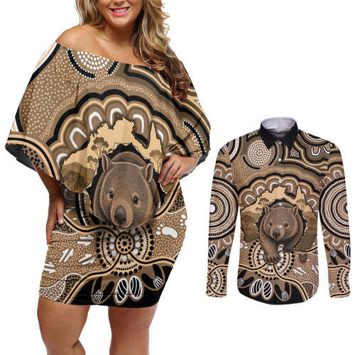 Personalised Australia Wombat Couples Matching Off Shoulder Short Dress and Long Sleeve Button Shirt Aussie Map Indigenous Art