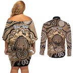 Personalised Australia Wombat Couples Matching Off Shoulder Short Dress and Long Sleeve Button Shirt Aussie Map Indigenous Art