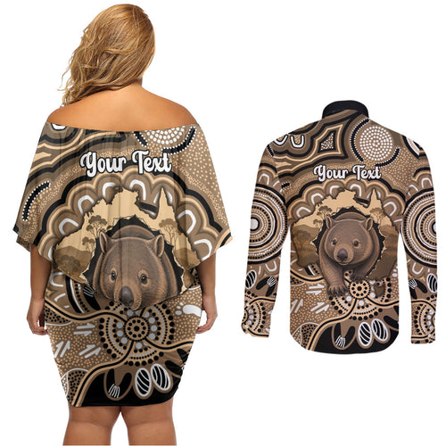 Personalised Australia Wombat Couples Matching Off Shoulder Short Dress and Long Sleeve Button Shirt Aussie Map Indigenous Art