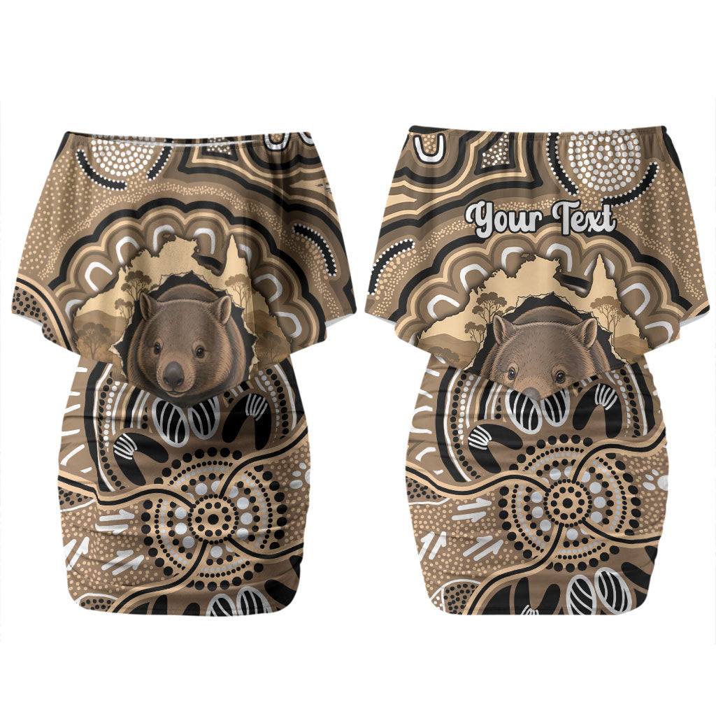 Personalised Australia Wombat Couples Matching Off Shoulder Short Dress and Long Sleeve Button Shirt Aussie Map Indigenous Art LT14