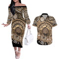 Personalised Australia Wombat Couples Matching Off The Shoulder Long Sleeve Dress and Hawaiian Shirt Aussie Map Indigenous Art