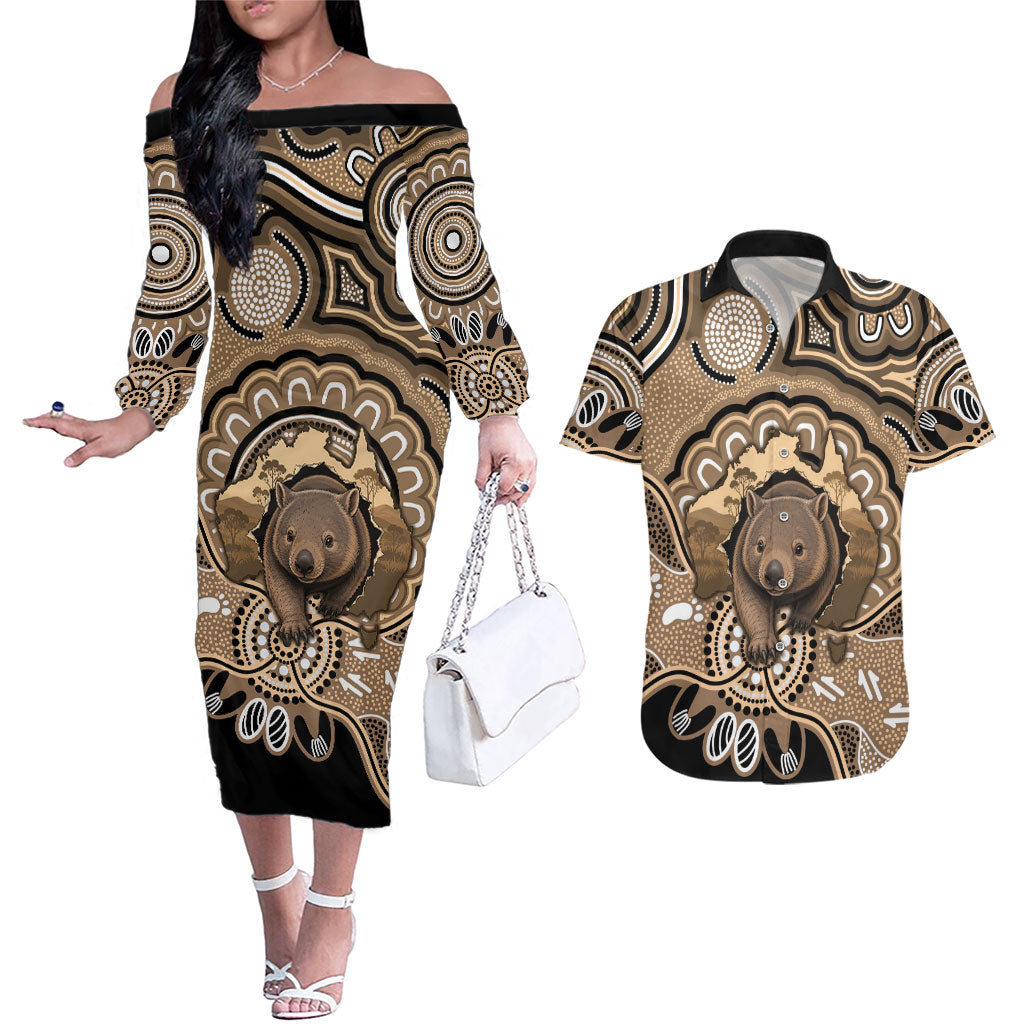 Personalised Australia Wombat Couples Matching Off The Shoulder Long Sleeve Dress and Hawaiian Shirt Aussie Map Indigenous Art