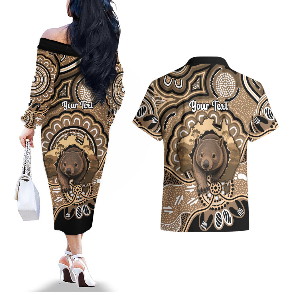 Personalised Australia Wombat Couples Matching Off The Shoulder Long Sleeve Dress and Hawaiian Shirt Aussie Map Indigenous Art