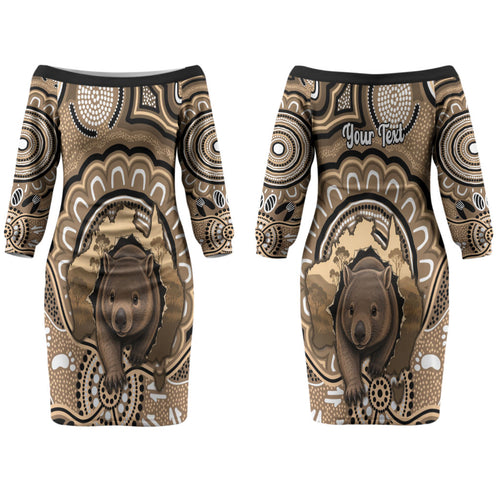 Personalised Australia Wombat Couples Matching Off The Shoulder Long Sleeve Dress and Hawaiian Shirt Aussie Map Indigenous Art LT14