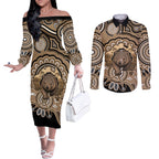 Personalised Australia Wombat Couples Matching Off The Shoulder Long Sleeve Dress and Long Sleeve Button Shirt Aussie Map Indigenous Art