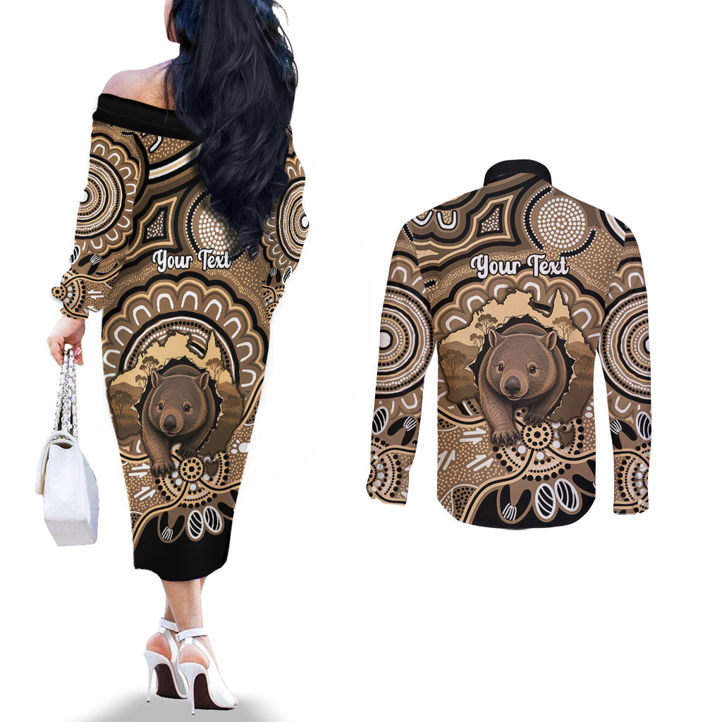 Personalised Australia Wombat Couples Matching Off The Shoulder Long Sleeve Dress and Long Sleeve Button Shirt Aussie Map Indigenous Art