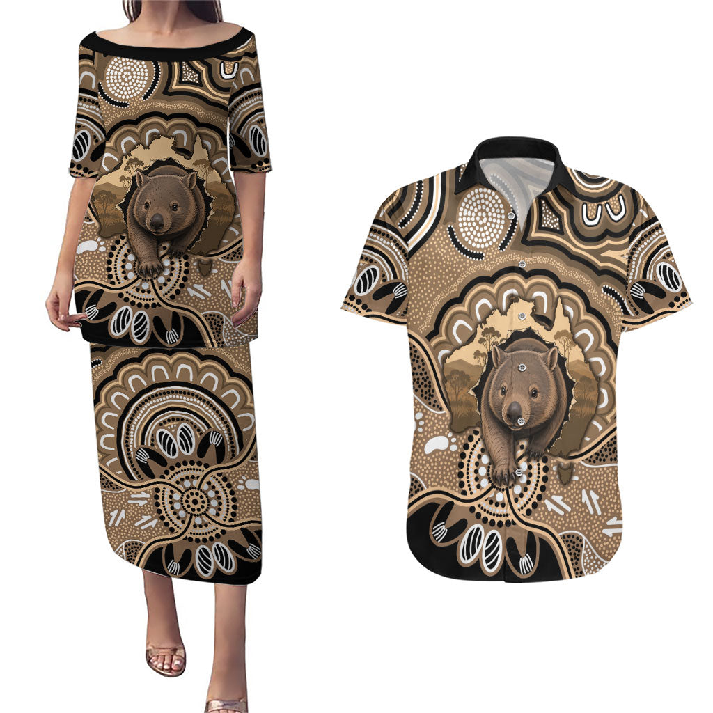 Personalised Australia Wombat Couples Matching Puletasi and Hawaiian Shirt Aussie Map Indigenous Art