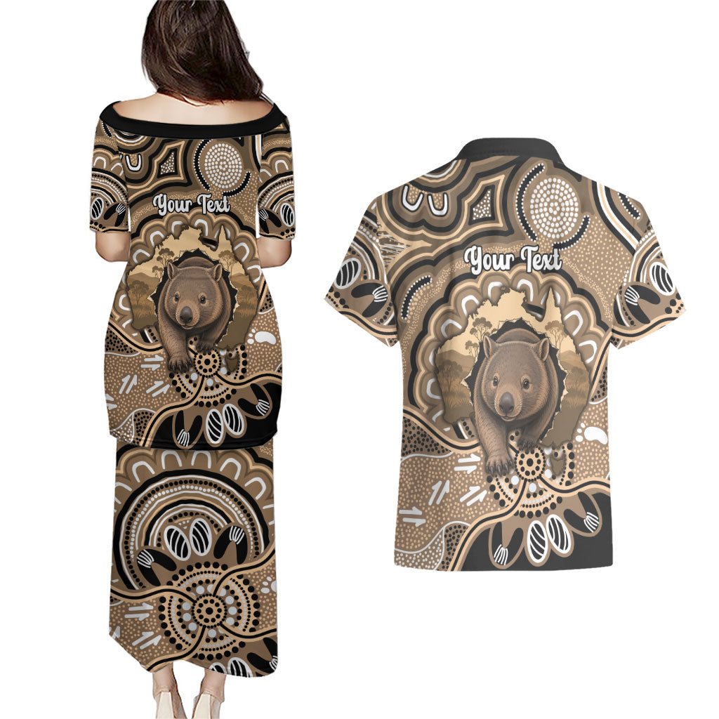 Personalised Australia Wombat Couples Matching Puletasi and Hawaiian Shirt Aussie Map Indigenous Art