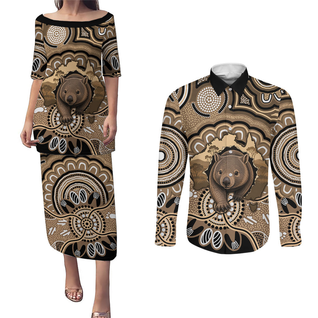 Personalised Australia Wombat Couples Matching Puletasi and Long Sleeve Button Shirt Aussie Map Indigenous Art