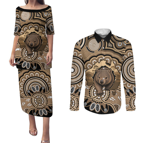Personalised Australia Wombat Couples Matching Puletasi and Long Sleeve Button Shirt Aussie Map Indigenous Art