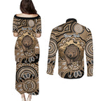 Personalised Australia Wombat Couples Matching Puletasi and Long Sleeve Button Shirt Aussie Map Indigenous Art