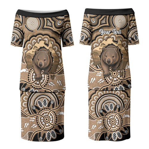 Personalised Australia Wombat Couples Matching Puletasi and Long Sleeve Button Shirt Aussie Map Indigenous Art LT14