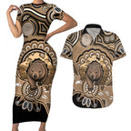 Personalised Australia Wombat Couples Matching Short Sleeve Bodycon Dress and Hawaiian Shirt Aussie Map Indigenous Art