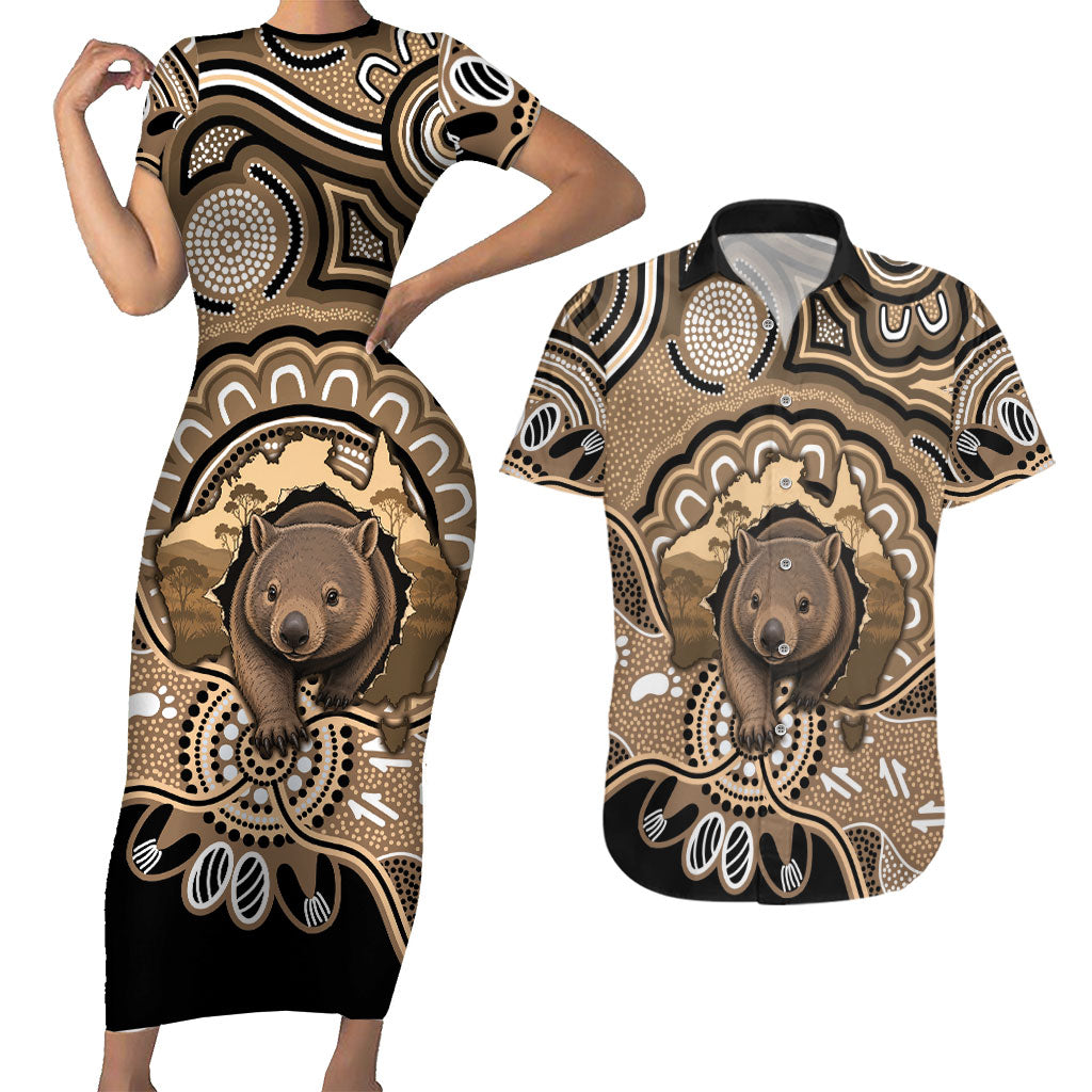 Personalised Australia Wombat Couples Matching Short Sleeve Bodycon Dress and Hawaiian Shirt Aussie Map Indigenous Art