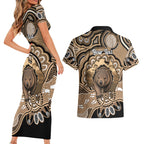 Personalised Australia Wombat Couples Matching Short Sleeve Bodycon Dress and Hawaiian Shirt Aussie Map Indigenous Art