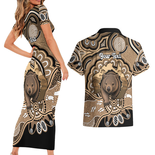 Personalised Australia Wombat Couples Matching Short Sleeve Bodycon Dress and Hawaiian Shirt Aussie Map Indigenous Art