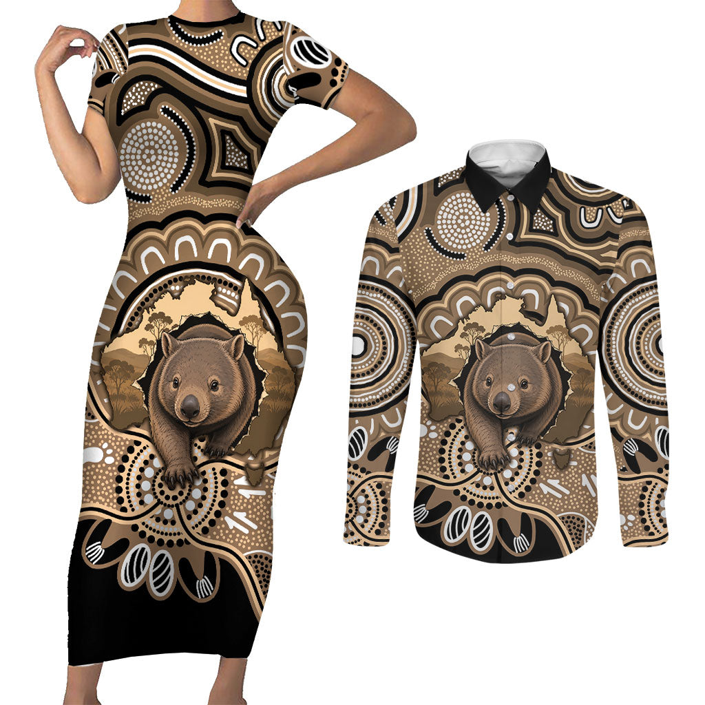 Personalised Australia Wombat Couples Matching Short Sleeve Bodycon Dress and Long Sleeve Button Shirt Aussie Map Indigenous Art