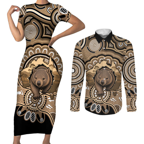 Personalised Australia Wombat Couples Matching Short Sleeve Bodycon Dress and Long Sleeve Button Shirt Aussie Map Indigenous Art