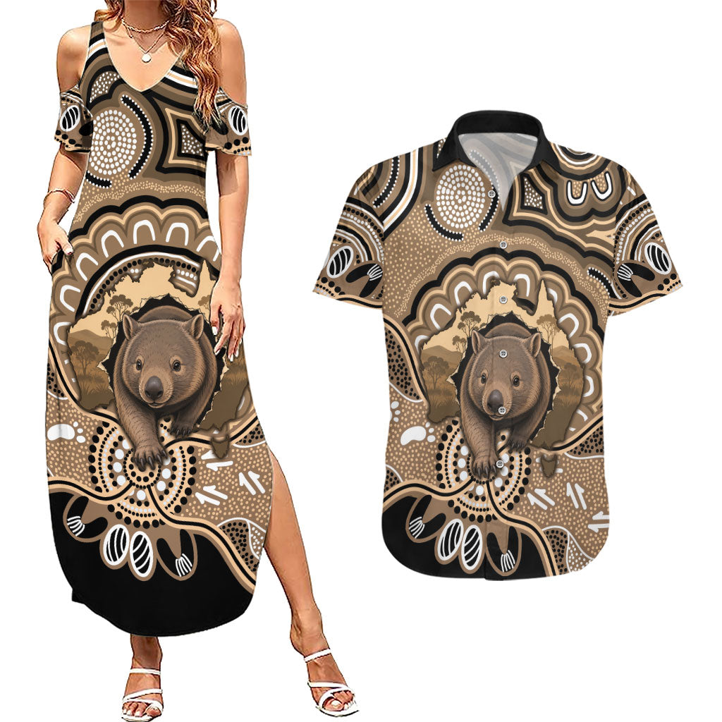 Personalised Australia Wombat Couples Matching Summer Maxi Dress and Hawaiian Shirt Aussie Map Indigenous Art