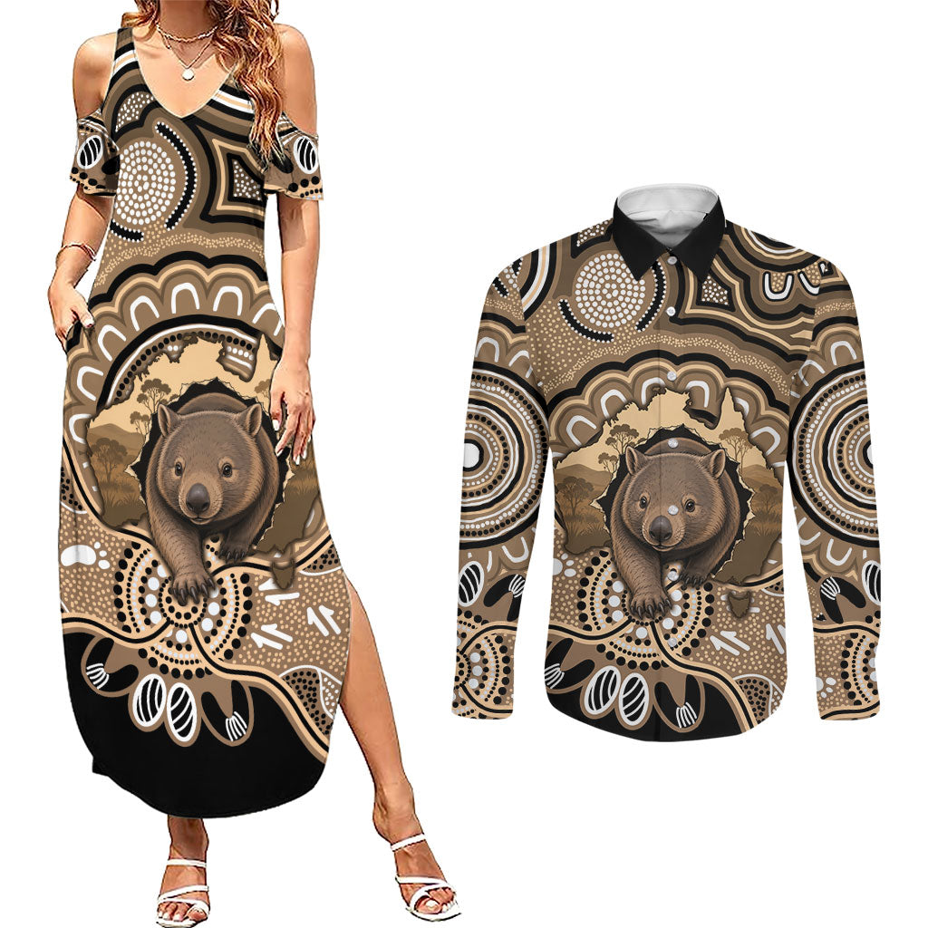 Personalised Australia Wombat Couples Matching Summer Maxi Dress and Long Sleeve Button Shirt Aussie Map Indigenous Art