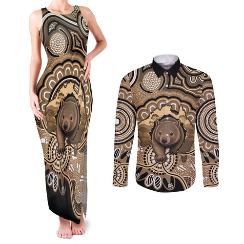 Personalised Australia Wombat Couples Matching Tank Maxi Dress and Long Sleeve Button Shirt Aussie Map Indigenous Art