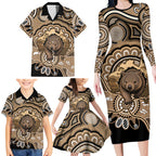 Personalised Australia Wombat Family Matching Long Sleeve Bodycon Dress and Hawaiian Shirt Aussie Map Indigenous Art