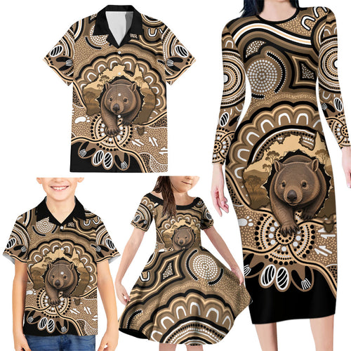 Personalised Australia Wombat Family Matching Long Sleeve Bodycon Dress and Hawaiian Shirt Aussie Map Indigenous Art