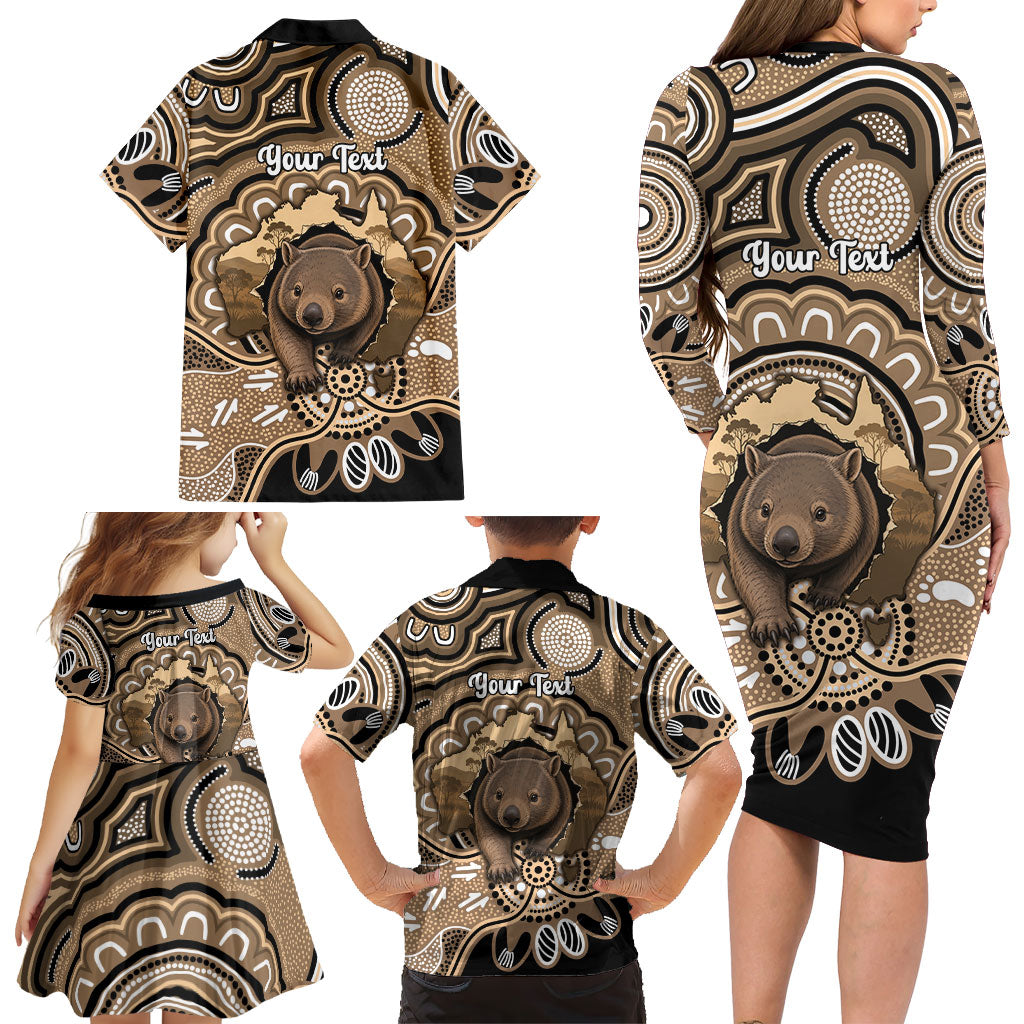 Personalised Australia Wombat Family Matching Long Sleeve Bodycon Dress and Hawaiian Shirt Aussie Map Indigenous Art