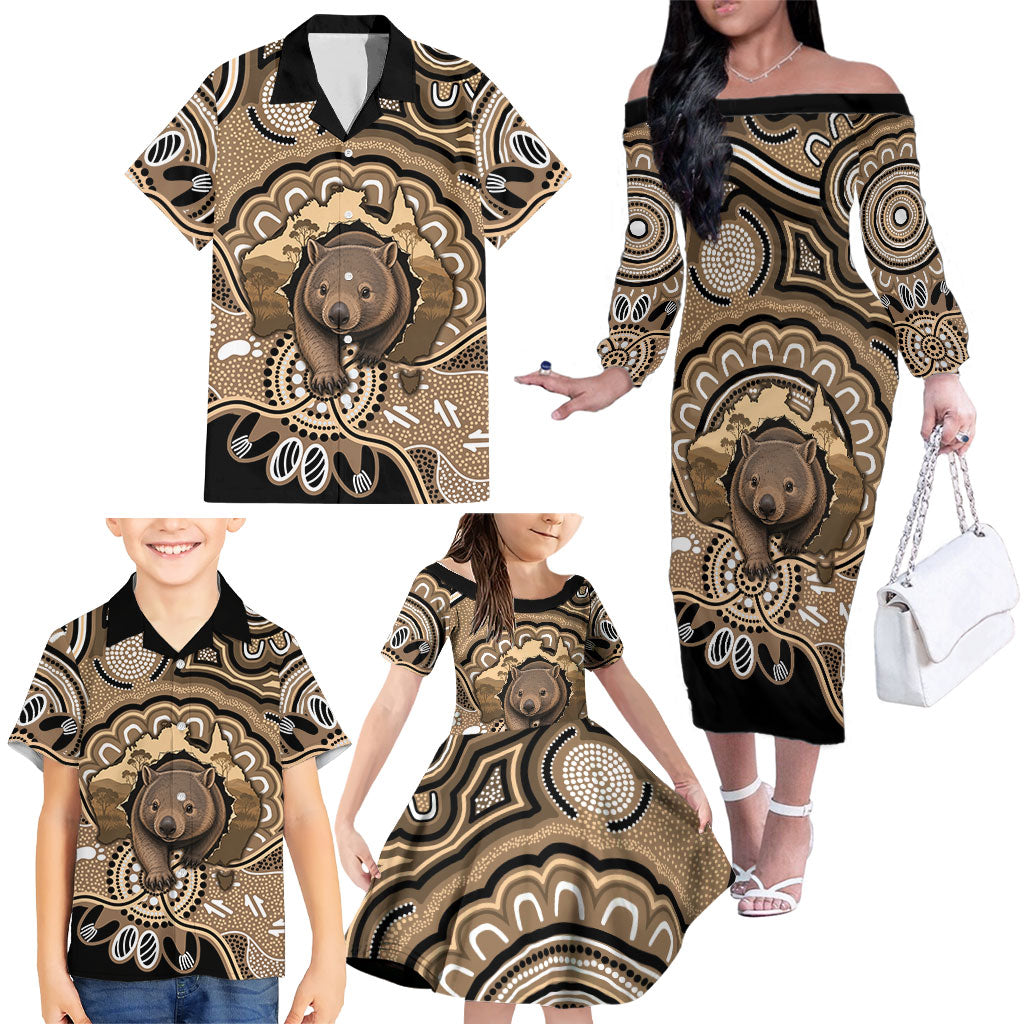 Personalised Australia Wombat Family Matching Off The Shoulder Long Sleeve Dress and Hawaiian Shirt Aussie Map Indigenous Art