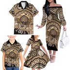 Personalised Australia Wombat Family Matching Off The Shoulder Long Sleeve Dress and Hawaiian Shirt Aussie Map Indigenous Art