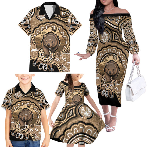Personalised Australia Wombat Family Matching Off The Shoulder Long Sleeve Dress and Hawaiian Shirt Aussie Map Indigenous Art