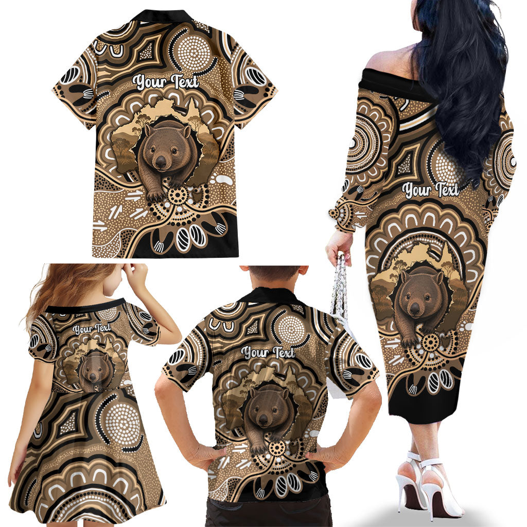 Personalised Australia Wombat Family Matching Off The Shoulder Long Sleeve Dress and Hawaiian Shirt Aussie Map Indigenous Art