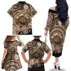 Personalised Australia Wombat Family Matching Off The Shoulder Long Sleeve Dress and Hawaiian Shirt Aussie Map Indigenous Art